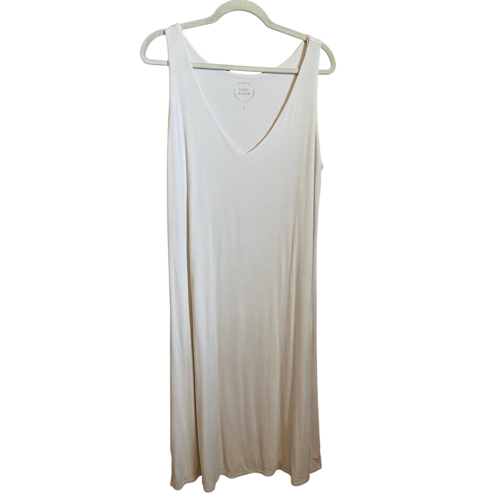 Cozy Earth Premium‎ Bamboo Ribbed V-Neck Nightgown Ivory White Womens Large L